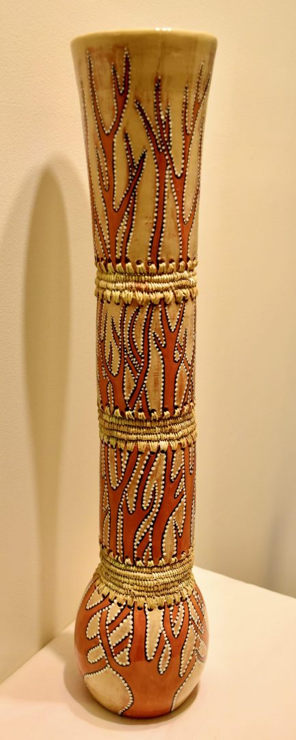 Ceramics and weaving Tall yellow orange 4 section vase art