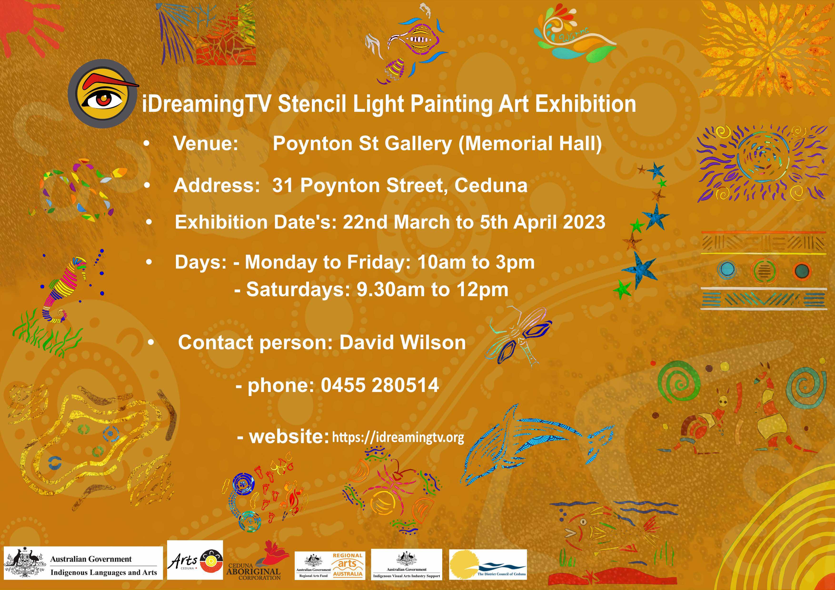 iDreamingTV's stencil light art exhibition is at Poynton St Gallery in Ceduna from 22/3/23 to 5/4/23. Check out the beautiful artwork created by local Ceduna, Kooniba and statewide Indigenous artist.
